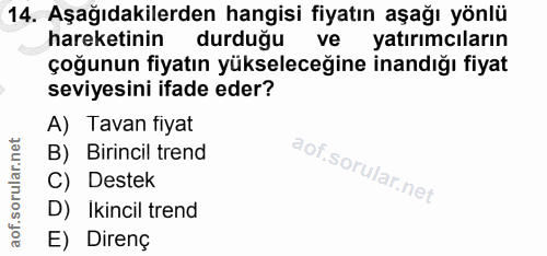14. soru: Aşağıdakilerden hangisi fiyatın aşağı yönlü hareketinin durduğu ve yatırımcıların çoğunun fiyatın yükseleceğine inand…