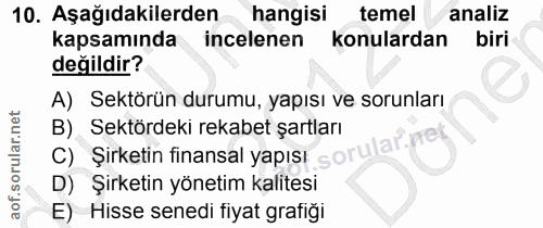 10. soru: Aşağıdakilerden hangisi temel analiz kapsamında incelenen konulardan | biri değildir? A) Sektörün durumu, yapısı ve s…