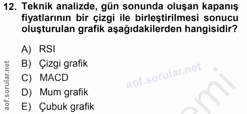 12. soru: Teknik analizde, gün sonunda oluşan kapanış fiyatlarının bir çizgi ile birleştirilmesi sonucu oluşturulan grafik aşağ…
