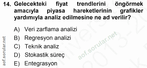 14. soru: Gelecekteki fiyat trendlerini öngörmek amacıyla piyasa hareketlerinin grafikler yardımıyla analiz edilmesine ne ad ve…