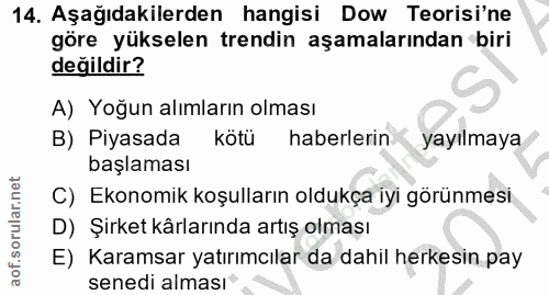 14. soru: Aşağıdakilerden hangisi Dow Teorisi'ne göre yükselen trendin aşamalarından biri değildir? A) Yoğun alımların olması B…