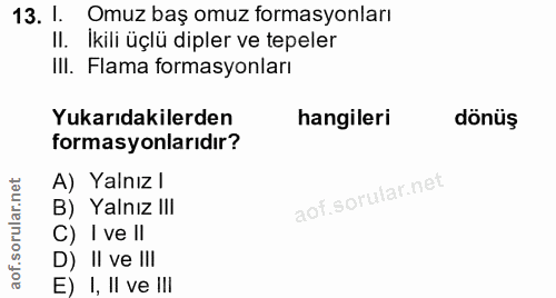 13. soru: I. Omuz baş omuz formasyonları II. Ikili üçlü dipler ve tepeler III. Flama formasyonları Yukarıdakilerden hangileri d…