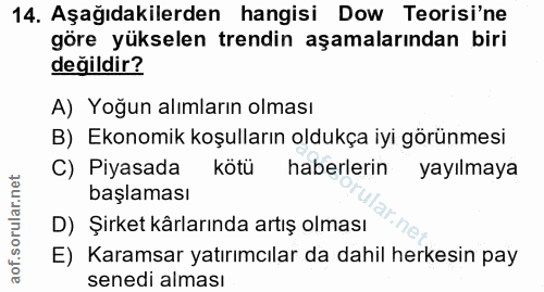 14. soru: Aşağıdakilerden hangisi Dow Teorisi'ne göre yükselen trendin aşamalarından biri değildir? A) Yoğun alımların olması B…