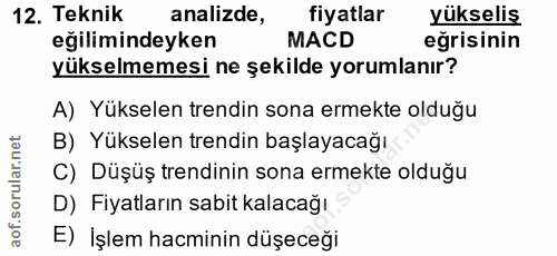 12. soru: Teknik analizde, fiyatlar yükseliş eğilimindeyken MACD eğrisinin yükselmemesi ne şekilde yorumlanır? A) Yükselen tren…