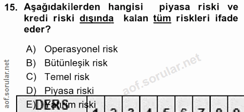 15. soru: Aşağıdakilerden hangisi piyasa riski ve kredi riski dışında kalan tüm riskleri ifade eder? A) Operasyonel risk B) Büt…