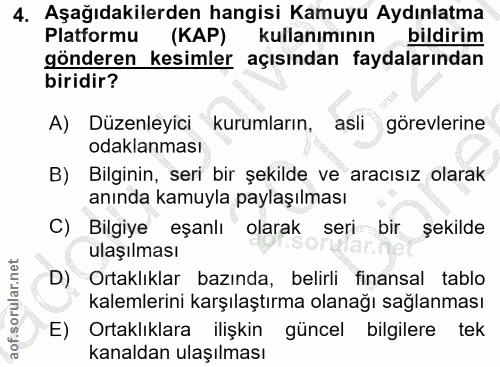 4. soru: Aşağıdakilerden hangisi Kamuyu Aydınlatma Platformu (KAP) kullanımının bildirim gönderen kesimler açısından faydaları…