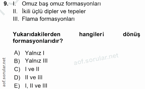 9. soru: 1. Omuz baş omuz formasyonları II. İkili üçlü dipler ve tepeler III. Flama formasyonları Yukarıdakilerden hangileri d…