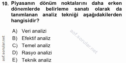 10. soru: Piyasanın dönüm noktalarını daha erken dönemlerde belirleme sanatı olarak da tanımlanan analiz tekniği aşağıdakilerde…