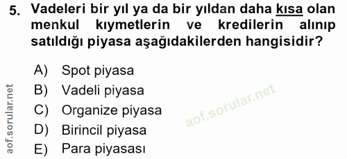 5. soru: Vadeleri bir yıl ya da bir yıldan daha kısa olan menkul kıymetlerin ve kredilerin alınıp satıldığı piyasa aşağıdakile…
