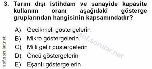 3. soru: Tarım dışı istihdam ve sanayide kapasite kullanım oranı aşağıdaki gösterge gruplarından hangisinin kapsamındadır? A)…