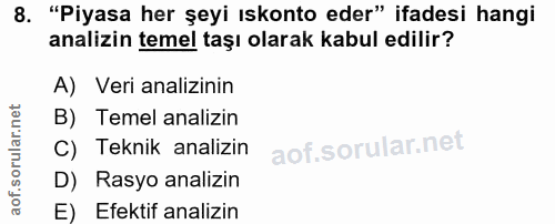 8. soru: "Piyasa her şeyi ıskonto eder" ifadesi hangi analizin temel taşı olarak kabul edilir? A) Veri analizinin B) Temel ana…