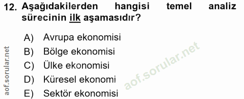 12. soru: Aşağıdakilerden hangisi temel analiz sürecinin ilk aşamasıdır? A) Avrupa ekonomisi B) Bölge ekonomisi C) Ülke ekonomi…