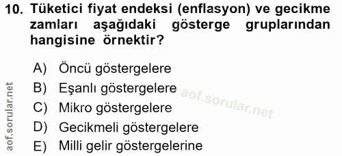 10. soru: Tüketici fiyat endeksi (enflasyon) ve gecikme zamları aşağıdaki gösterge gruplarından hangisine örnektir? A) Oncü gös…