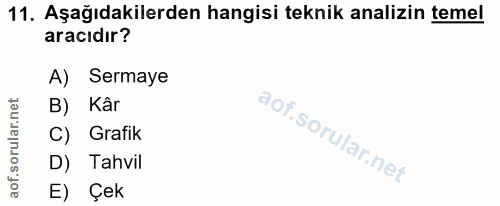11. soru: Aşağıdakilerden hangisi teknik analizin temel aracıdır? A) Sermaye B) Kâr C) Grafik D) Tahvil E) Çek