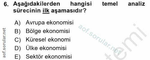 6. soru: Aşağıdakilerden hangisi temel analiz sürecinin ilk aşamasıdır? A) Avrupa ekonomisi B) Bölge ekonomisi C) Küresel ekon…