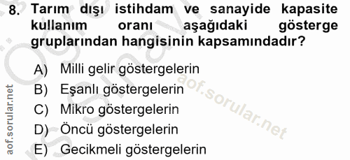 8. soru: Tarım dışı istihdam ve sanayide kapasite kullanım oranı aşağıdaki gösterge gruplarından hangisinin kapsamındadır? A)…