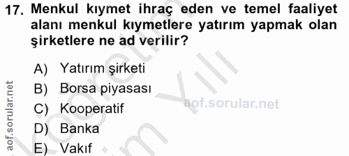 17. soru: Menkul kıymet ihraç eden ve temel faaliyet alanı menkul kıymetlere yatırım yapmak olan şirketlere ne ad verilir? A) Y…
