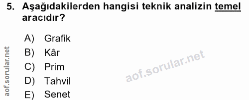 5. soru: Aşağıdakilerden hangisi teknik analizin temel aracıdır? A) Grafik B) Kâr C) Prim D) Tahvil E) Senet