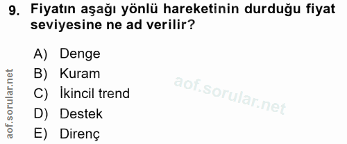 9. soru: Fiyatın aşağı yönlü hareketinin durduğu fiyat seviyesine ne ad verilir? A) Denge B) Kuram C) Ikincil trend D) Destek…