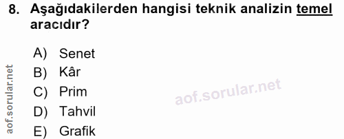 8. soru: Aşağıdakilerden hangisi teknik analizin temel aracıdır? A) Senet B) Kâr C) Prim D) Tahvil E) Grafik