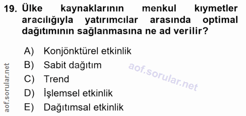 19. soru: Ülke kaynaklarının menkul kıymetler aracılığıyla yatırımcılar arasında optimal dağıtımının sağlanmasına ne ad verilir…
