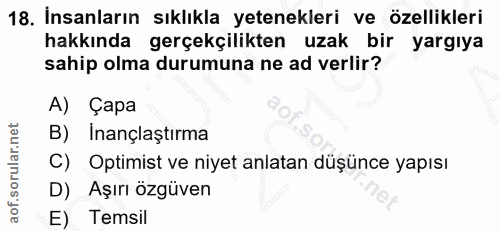 18. soru: İnsanların sıklıkla yetenekleri ve özellikleri hakkında gerçekçilikten uzak bir yargıya sahip olma durumuna ne ad ver…
