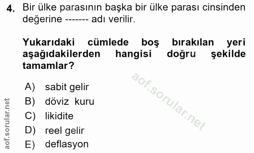 4. soru: Bir ülke parasının başka bir ülke parası cinsinden değerine --- adı verilir. Yukarıdaki cümlede boş bırakılan yeri aş…