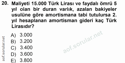 20. soru: Maliyeti 15.000 Türk Lirası ve faydalı ömrü 5 yıl olan bir duran varlık, azalan bakiyeler usulüne göre amortismana ta…
