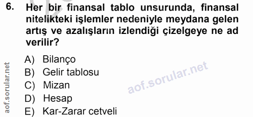 6. soru: Her bir finansal tablo unsurunda, finansal nitelikteki işlemler nedeniyle meydana gelen artış ve azalışların izlendiğ…