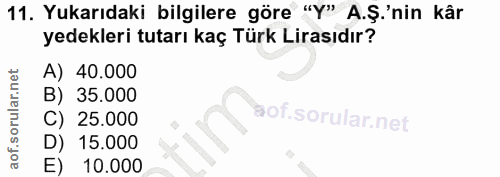 11. soru: Yukarıdaki bilgilere göre "y" A.Ş.'nin kâr yedekleri tutarı kaç Türk Lirasıdır? A) 40.000 B) 35.000 25.000 15.000 E)…