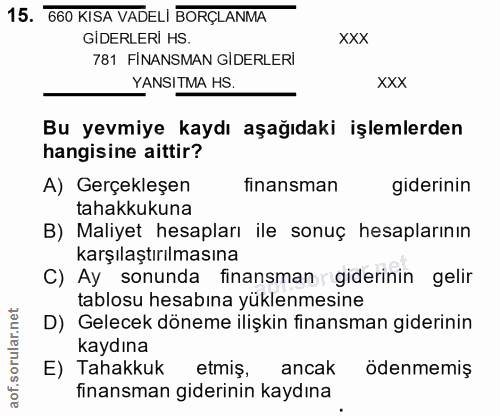 15. soru: 660 KISA VADELI BORÇLANMA GIDERLERİ HS XXX 781 FİNANSMAN GIDERLERİ YANSITMA HS. XXX Bu yevmiye kaydı aşağıdaki işleml…