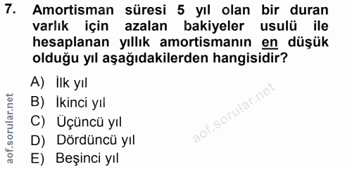 7. soru: Amortisman süresi 5 yıl olan bir duran varlık için azalan bakiyeler usulü ile hesaplanan yıllık amortismanın en düşük…