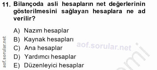 11. soru: Bilançoda asli hesapların net değerlerinin gösterilmesini sağlayan hesaplara ne ad verilir? A) Nazım hesaplar B) Kayn…