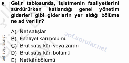 5. soru: Gelir tablosunda, İşletmenin faaliyetlerini sürdürürken katlandığı genel yönetim giderleri gibi giderlerin yer aldığı…
