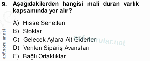 9. soru: Aşağıdakilerden hangisi mali duran varlık kapsamında yer alır? A) Hisse Senetleri B) Stoklar C) Gelecek Aylara Ait Gi…