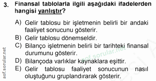 3. soru: Finansal tablolarla ilgili aşağıdaki ifadelerden hangisi yanlıştır? A) Gelir tablosu bir işletmenin belirli bir andak…