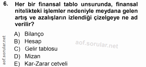 6. soru: Her bir finansal tablo unsurunda, finansal nitelikteki işlemler nedeniyle meydana gelen artış ve azalışların izlendiğ…