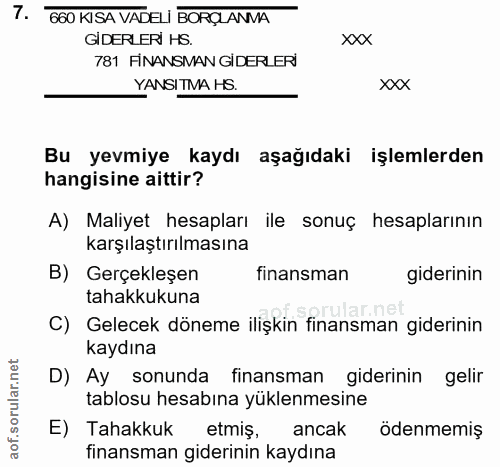 7. soru: 660 KISA VADELI BORÇLANMA GİDERLERİ HS. XXX 781 FİNANSMAN GİDERLERİ YANSITMA HS. XXX Bu yevmiye kaydı aşağıdaki işlem…