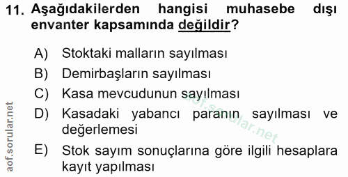11. soru: Aşağıdakilerden hangisi muhasebe dışı envanter kapsamında değildir? A) Stoktaki malların sayılması B) Demirbaşların s…