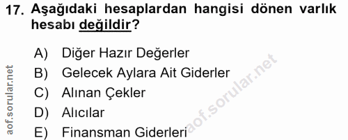 17. soru: Aşağıdaki hesaplardan hangisi dönen varlık hesabı değildir? A) Diğer Hazır Değerler B) Gelecek Aylara Ait Giderler C)…