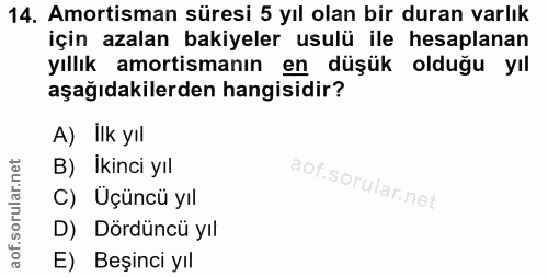 14. soru: Amortisman süresi 5 yıl olan bir duran varlık için azalan bakiyeler usulü ile hesaplanan yıllık amortismanın en düşük…