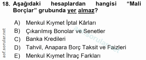 18. soru: Aşağıdaki hesaplardan hangisi "Mali Borçlar" grubunda yer almaz? A) Menkul Kıymet İptal Kârları B) Çıkarılmış Bonolar…
