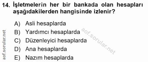 14. soru: İşletmelerin her bir bankada olan hesapları aşağıdakilerden hangisinde izlenir? A) Asli hesaplarda B) Yardımcı hesapl…