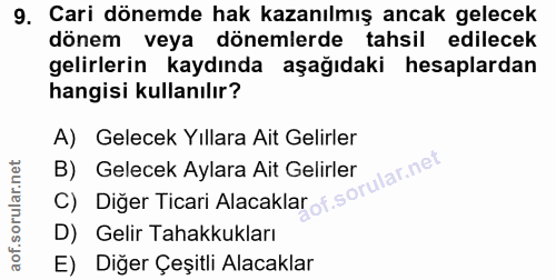 9. soru: Cari dönemde hak kazanılmış ancak gelecek dönem veya dönemlerde tahsil edilecek gelirlerin kaydında aşağıdaki hesapla…