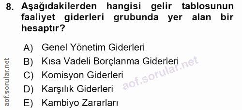 8. soru: Aşağıdakilerden hangisi gelir tablosunun faaliyet giderleri grubunda yer alan bir hesaptır? A) Genel Yönetim Giderler…