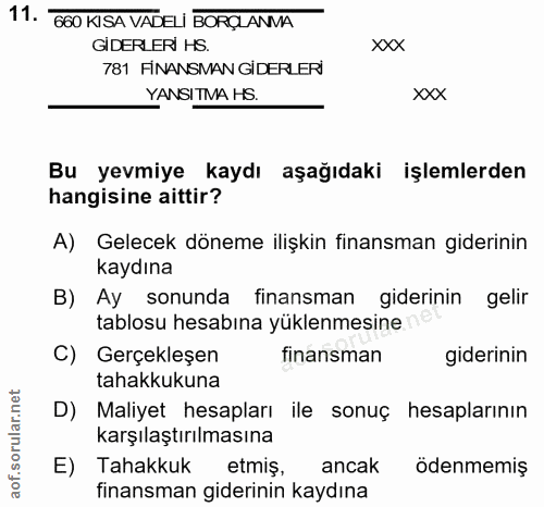11. soru: 660 KISA VADELI BORÇLANMA GIDERLER HS. xxx 781 FİNANSMAN GİDERLERİ YANSITMA HS. xxX Bu yevmiye kaydı aşağıdaki işleml…