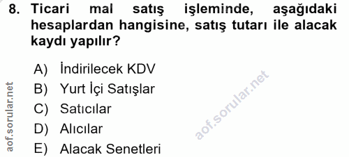 8. soru: Ticari mal satış işleminde, aşağıdaki hesaplardan hangisine, satış tutarı ile alacak kaydı yapılır? A) Indirilecek KD…