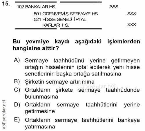 15. soru: 102 BANKALAR HS. xxx 501 ODENVEMŞ SERMAYE HS. xxx 521 HİSSE SENEDİ iPTAL KARLARI HS. xxX Bu yevmiye kaydı aşağıdaki i…