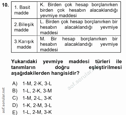 10. soru: 1. Basit K. Birden çok hesap borçlanırken madde birden çok hesabın alacaklandığı yevmiye maddesi 2. Bileşik L. Birden…