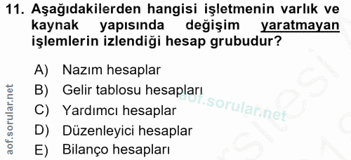 11. soru: Aşağıdakilerden hangisi işletmenin varlık ve kaynak yapısında değişim yaratmayan işlemlerin izlendiği hesap grubudur?…